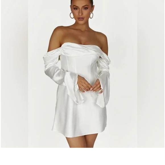 Meshki Giselle Off Shoulder Satin Long Sleeve Mini Dress - Picture 1 of 2
